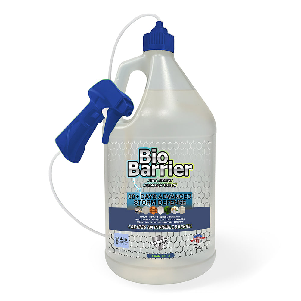 Barrière biologique Infinity Shields® | Protection multi-surfaces | Crée une barrière durable contre les taches, les odeurs et les dommages environnementaux | Caisse de 4 gallons
