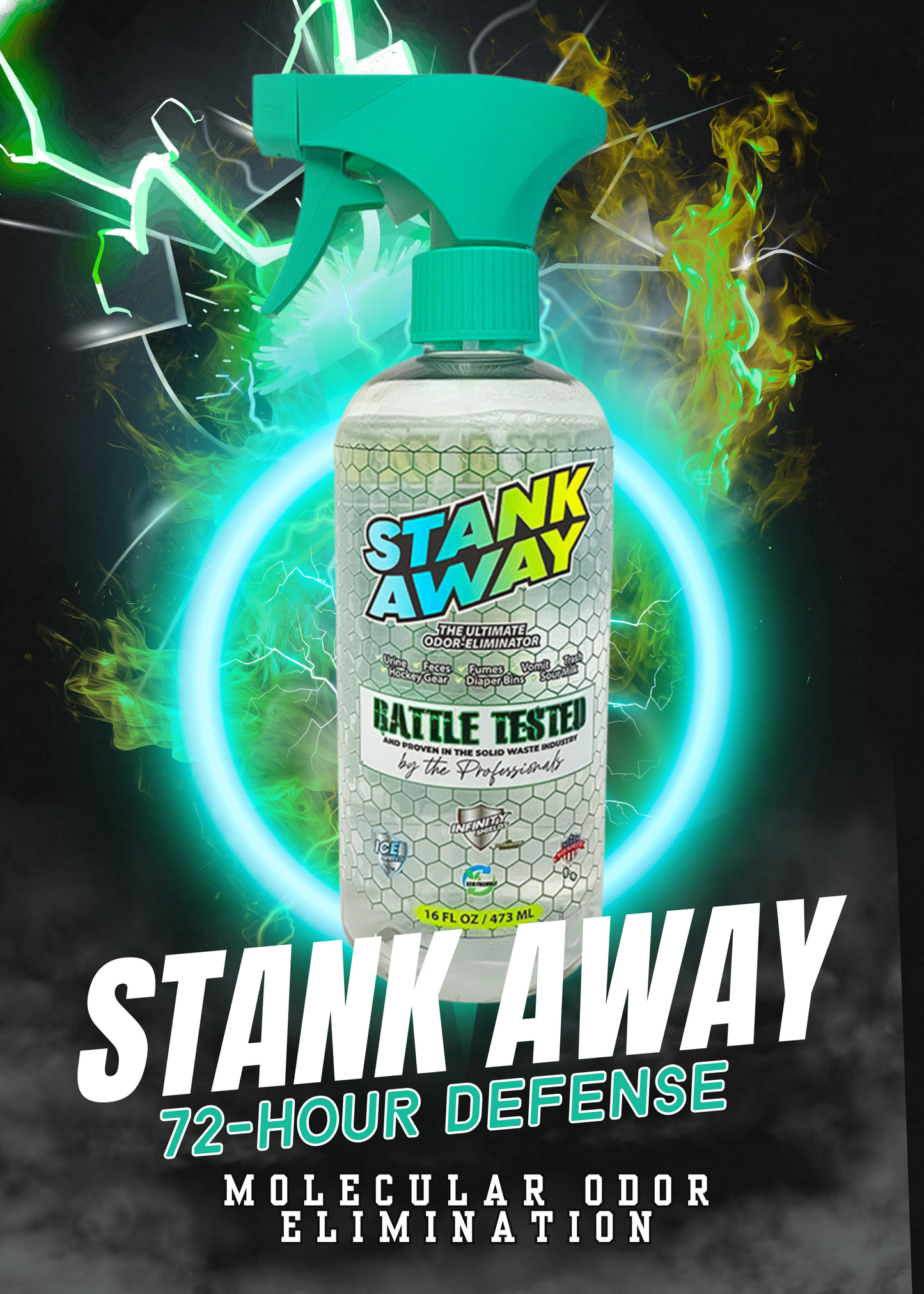 Eliminador de olores Infinity Shields Stank Away | 555 Plus Hyper Green® | Pulverizador remoto con jarra de 128 oz