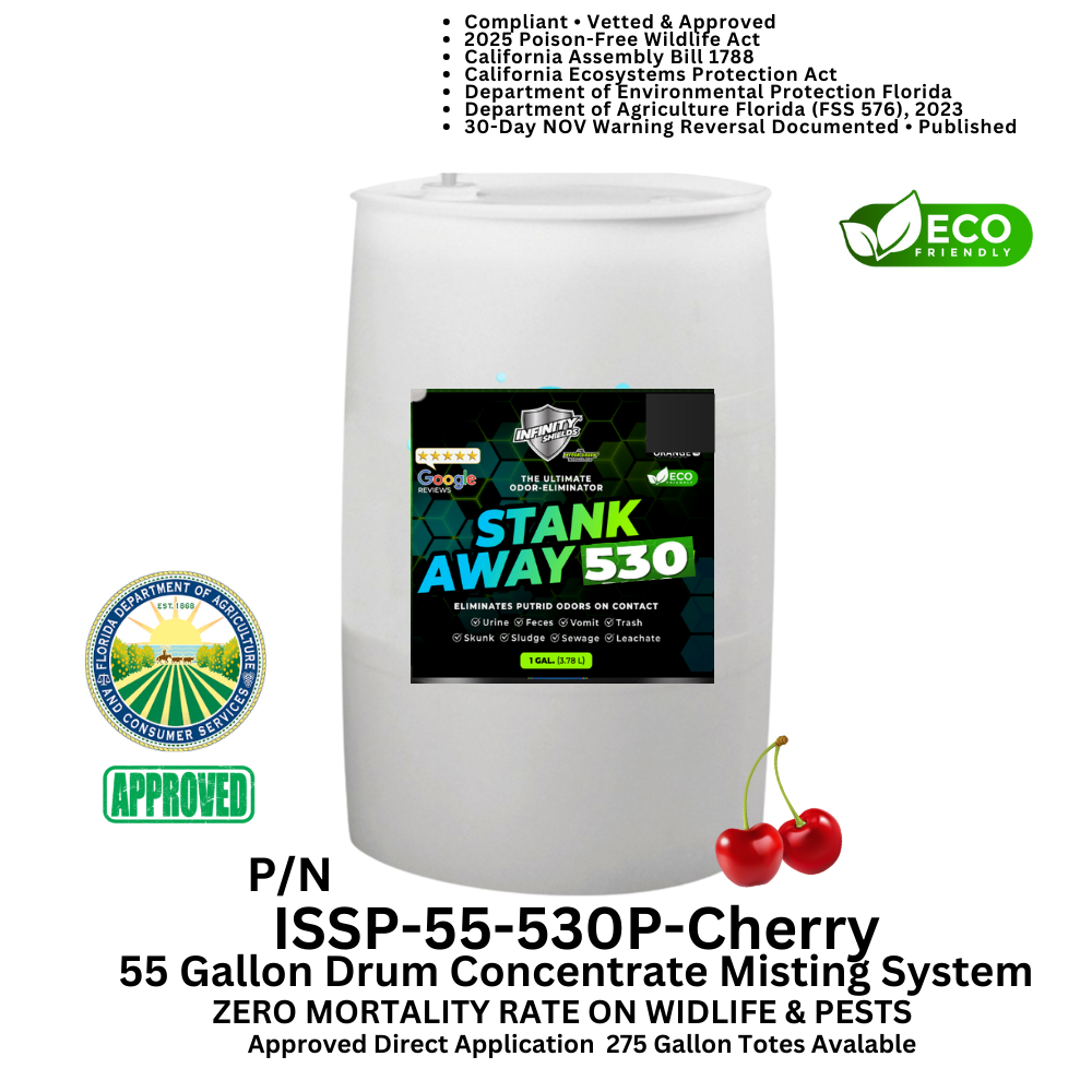 Odor Eliminator & Pest Deterrent • Hyper Green • STANK AWAY 530 Inside MRF Misting Concentrate 55 Gallon Drum (Freshness) 750 to 1