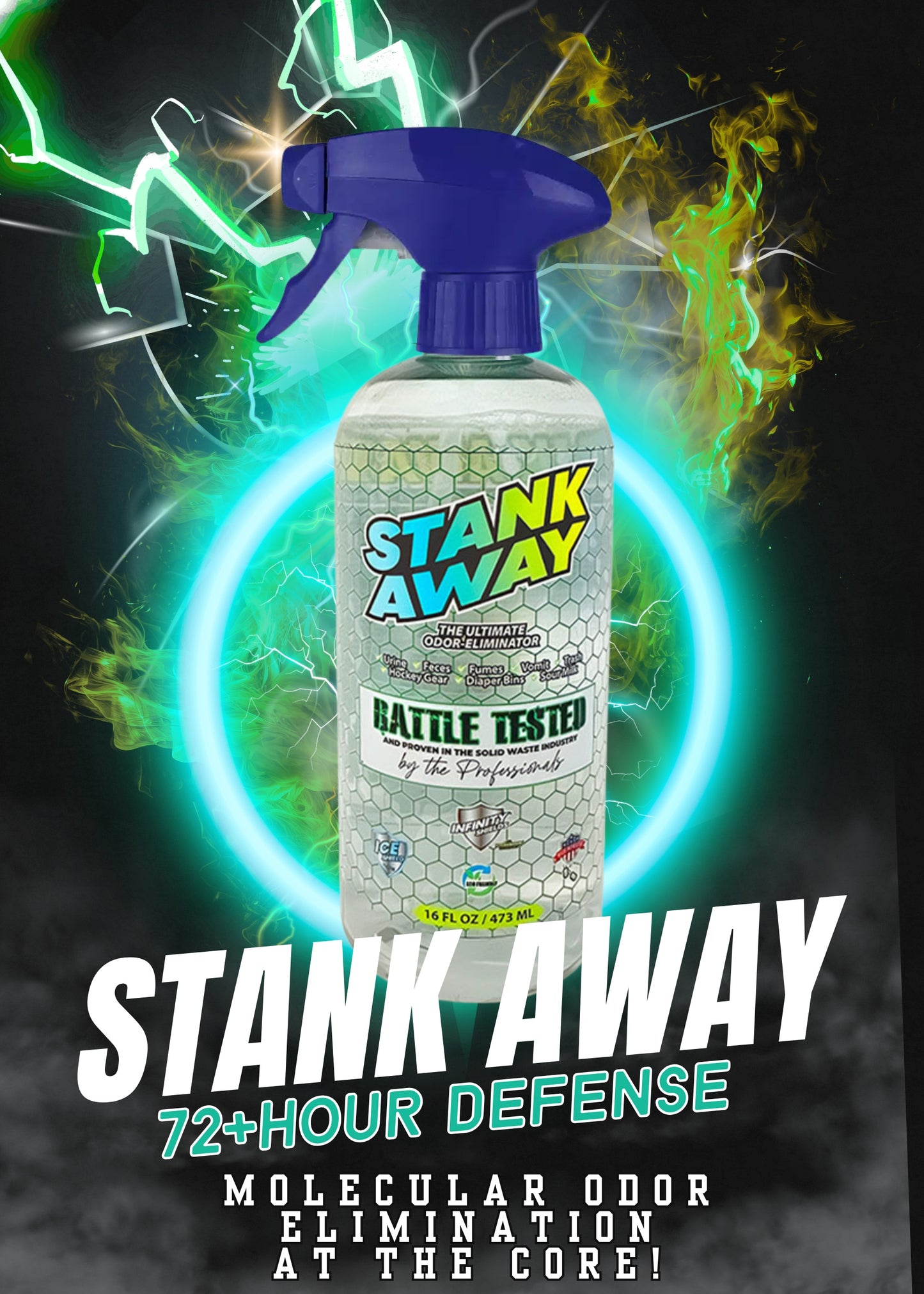 Eliminador de olores Infinity Shields Stank Away | 555 Plus Hyper Green® | Pulverizador remoto con jarra de 128 oz