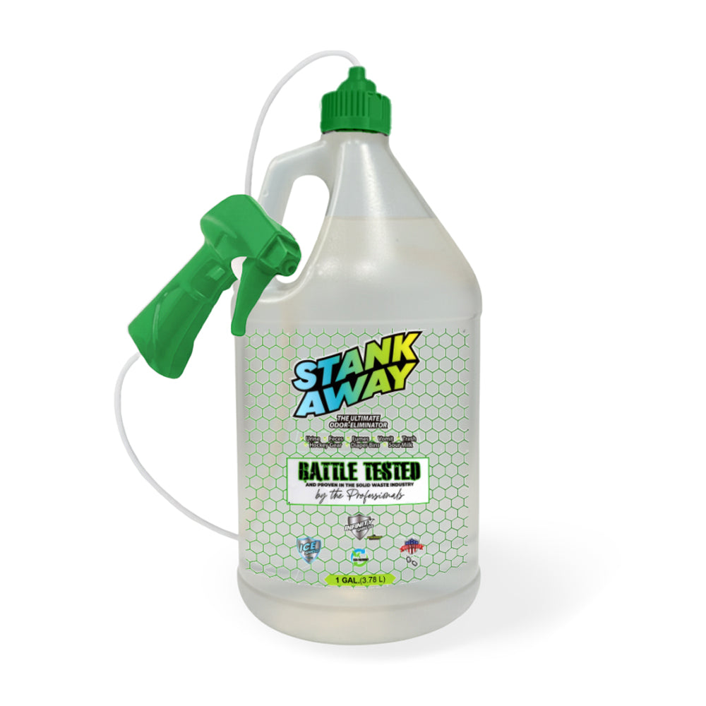 Eliminador de olores Infinity Shields Stank Away | 555 Plus Hyper Green® | Pulverizador remoto con jarra de 128 oz