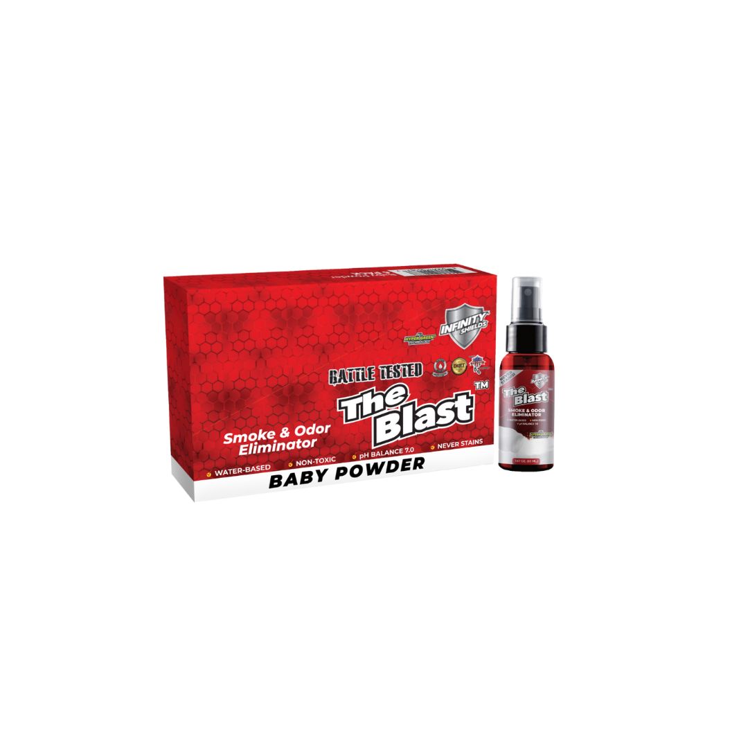 El eliminador de humo y olores explosivos | Paquete de 6 fundas | Mini botellas de niebla de 1,67 oz | Talco para bebés