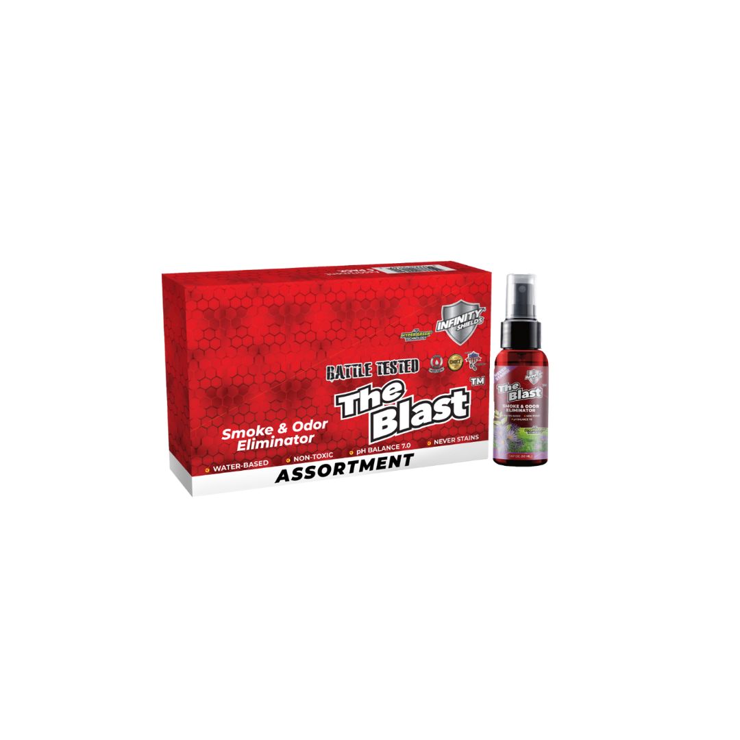 El eliminador de humo y olores explosivos | Paquete de 6 fundas | Mini botellas de niebla de 1,67 oz | Aromas variados