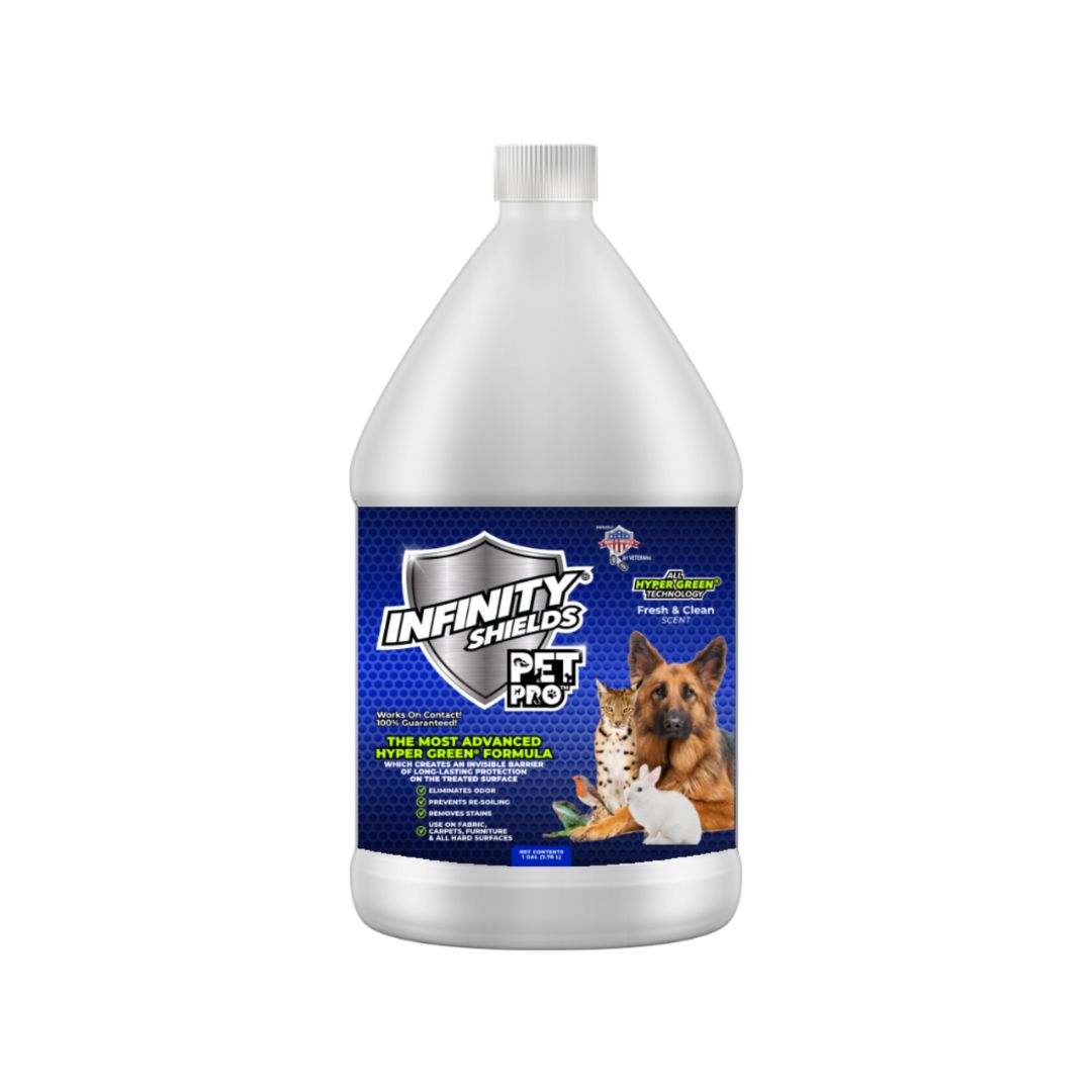 Infinity Shields® Pet Pro™ | Détachant et anti-odeurs d'animaux | Empêche la re-salissure | Pichet de 1 gallon | Frais et propre)