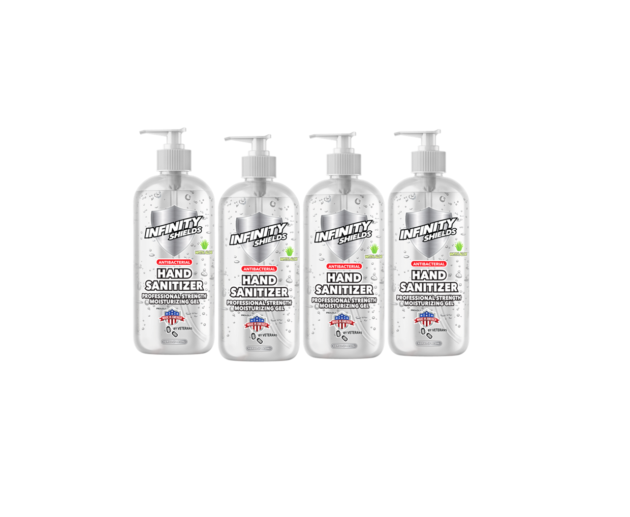 Paquete de 4 gel desinfectante antibacteriano para manos Infinity Shields® con aloe - Fuerza profesional, deja las manos limpias e inodoro 32 oz (paquete de 4)