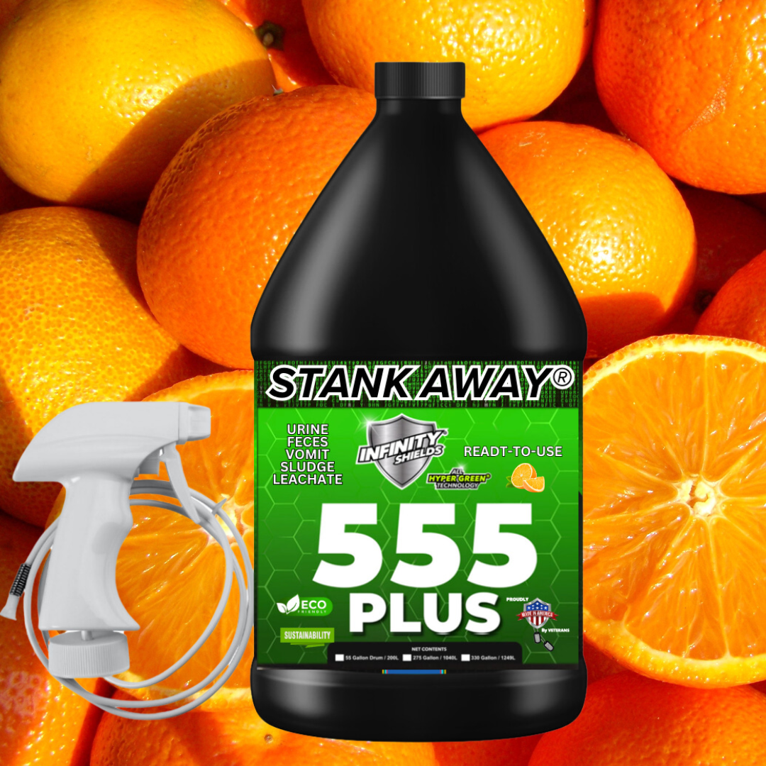 Los escudos infinitos apestaban | Eliminador de olores 555Plus Hyper Green® | Pulverizador remoto de jarra de 128 oz | Naranja