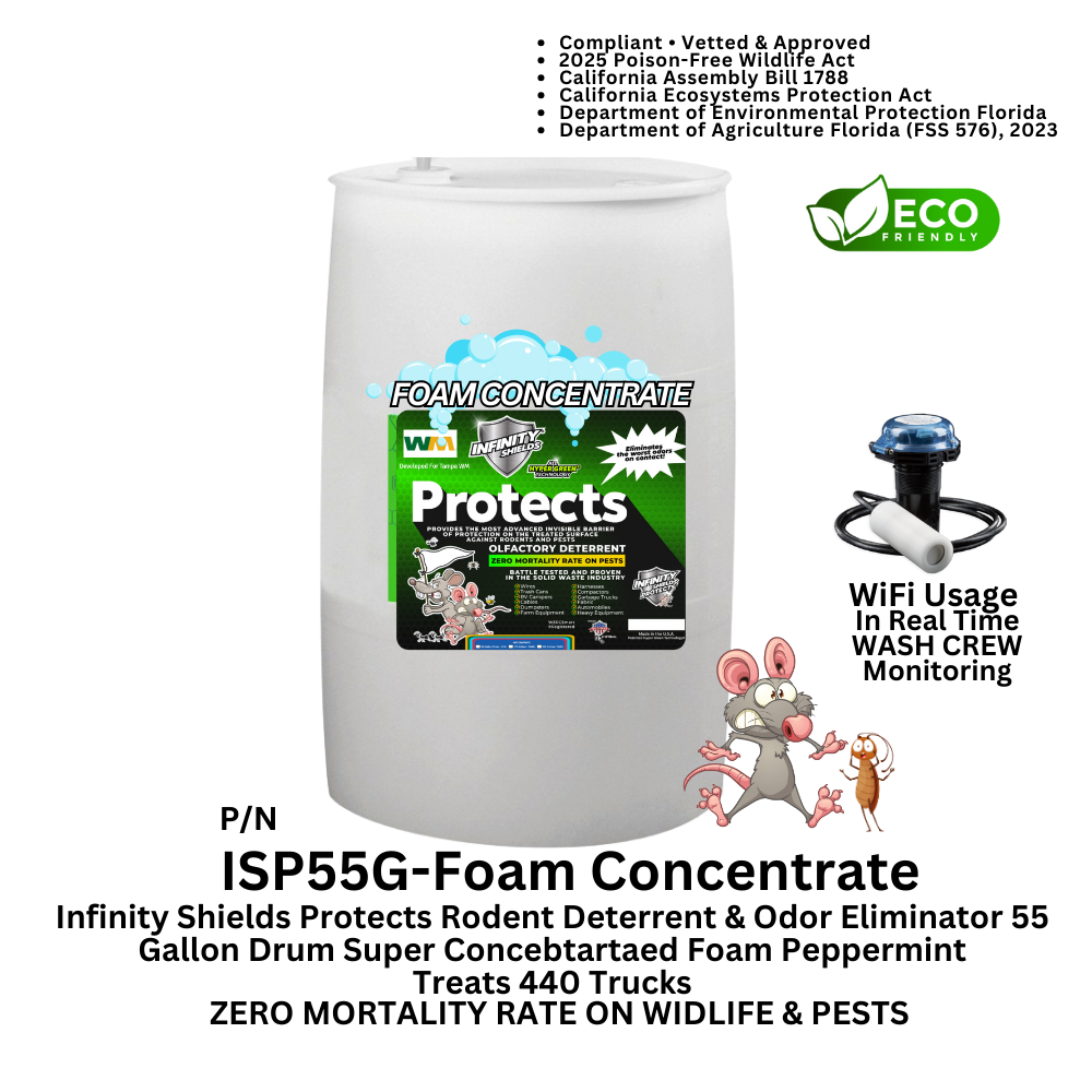 Rodent Deterrent Hyper Green • Infinity Shields Protects Concentrated Foam •  (1) 55 Gallon Drum (Peppermint) Wash Bay Crew (440 Truck Foams)