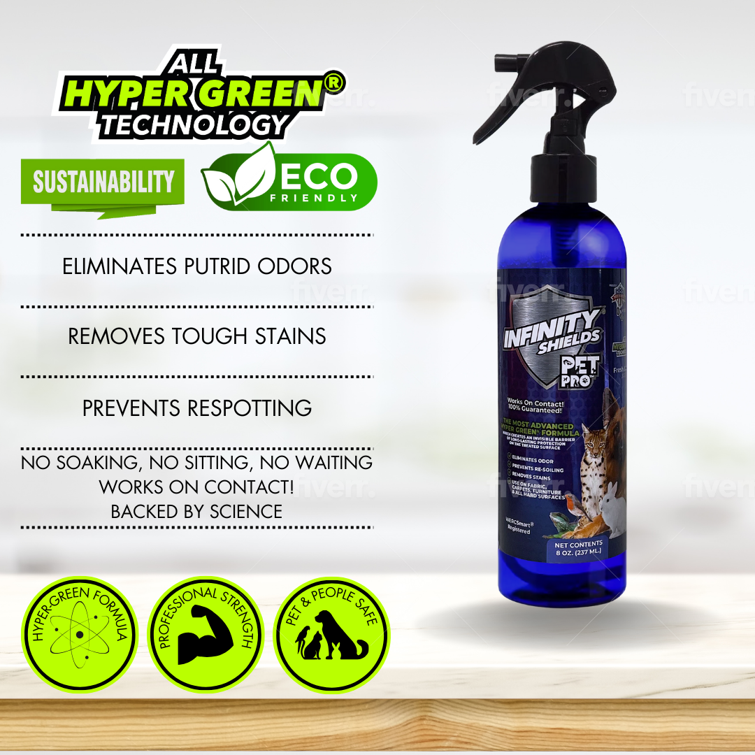Escudos infinitos para mascotas Pro | Eliminador de olores y manchas | Quitamanchas para alfombras | Fórmula hiperverde de larga duración | Paquete de 2 8 oz • Aroma fresco y limpio