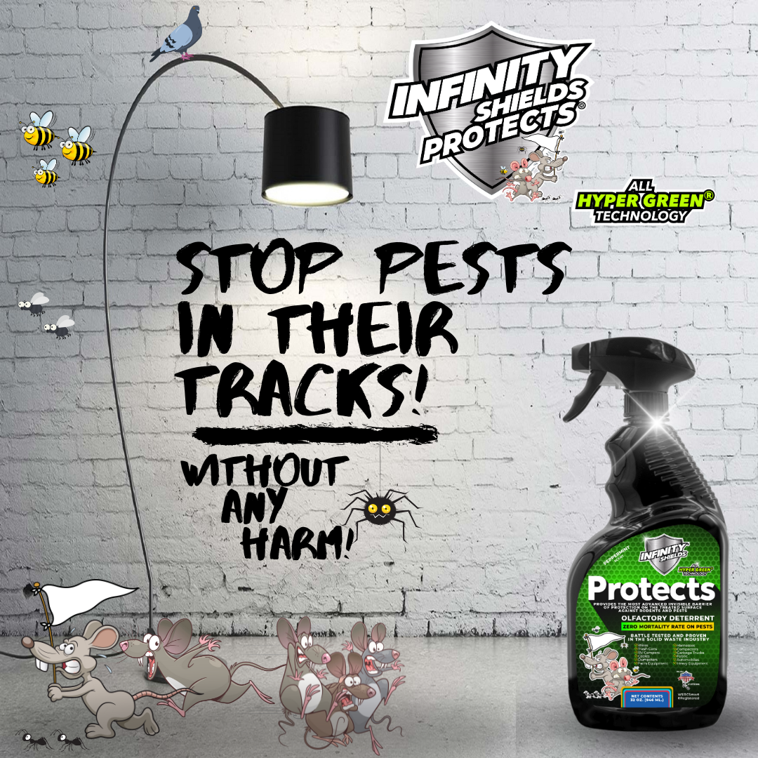 Infinity Shields protege™ | Spray disuasivo de roedores | Hiperverde | Menta de larga duración de 32 oz | Caso de 12