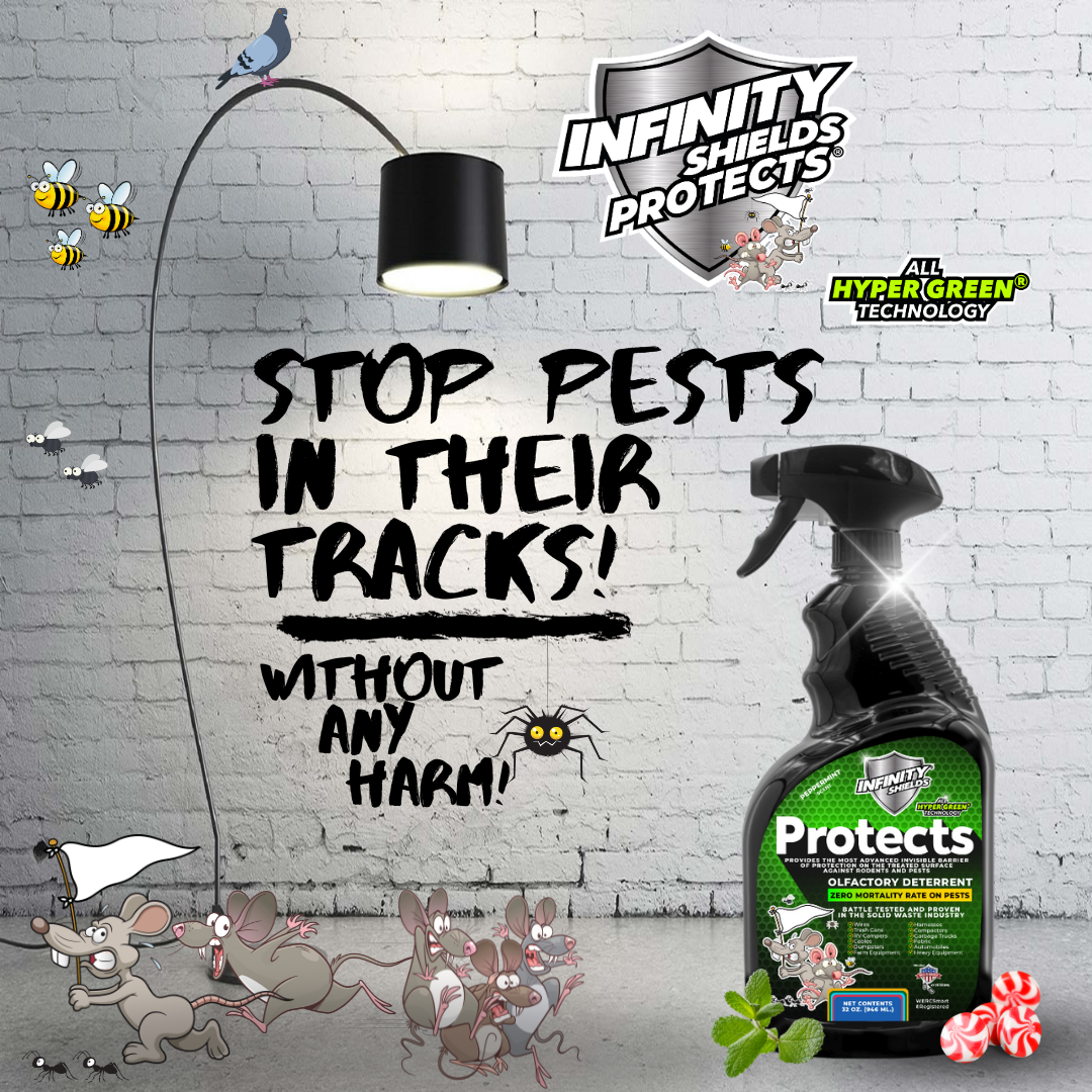 Infinity Shields protège™ | Spray dissuasif contre les rongeurs | Hyper vert | Menthe poivrée longue durée de 32 oz | Palette 45 caisses 12 par caisse 540 bouteilles