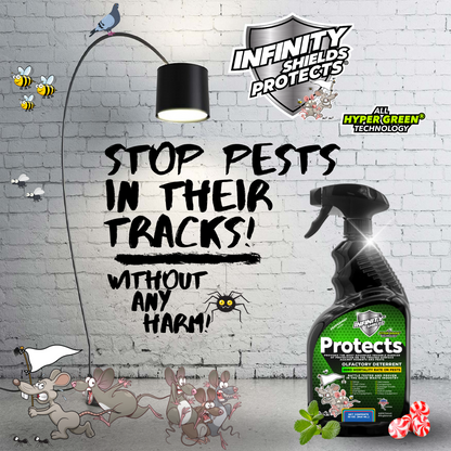 Infinity Shields protège™ | Spray dissuasif contre les rongeurs | Hyper vert | Menthe poivrée longue durée de 32 oz | Palette 45 caisses 12 par caisse 540 bouteilles