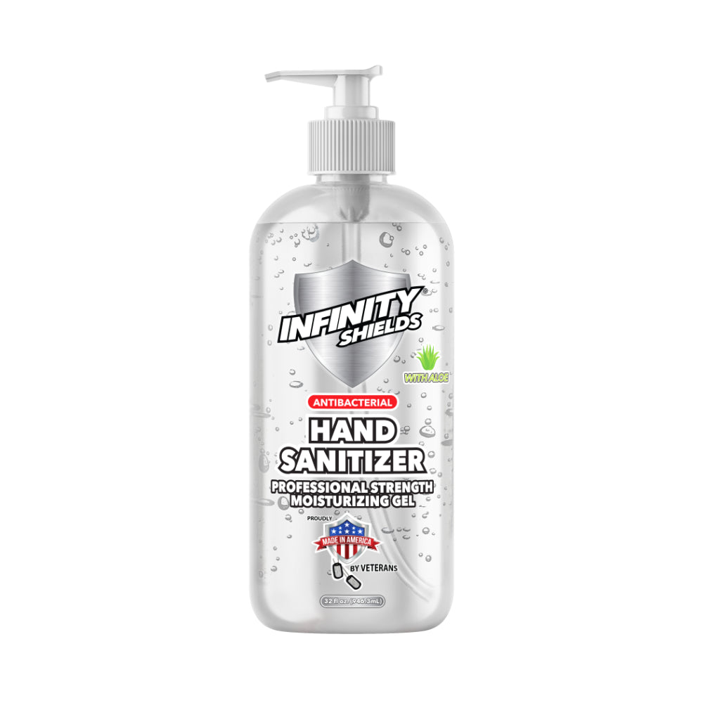 Paquete de 4 gel desinfectante antibacteriano para manos Infinity Shields® con aloe - Fuerza profesional, deja las manos limpias e inodoro 32 oz (paquete de 4)