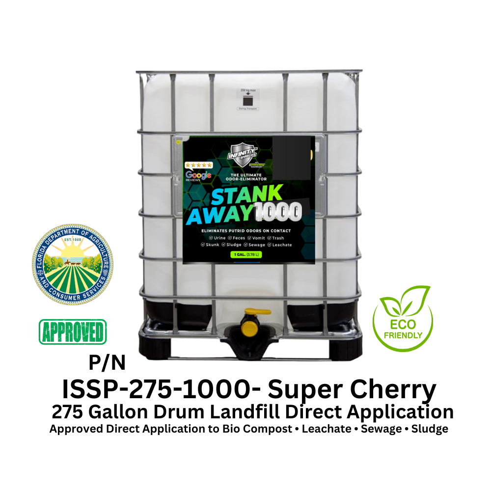 WM Odor Eliminator & Pest Deterrent  • Hyper Green •  STANK AWAY 1000 Direct application Concentrate 275 Gallon Concentrate Tote (Super Cherry) 1000 : 1 • DOA Approved FSS 576 • Bio-Compost • Sludge • Sewage • Leachate • Cover Foam)