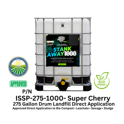 WM Odor Eliminator & Pest Deterrent  • Hyper Green •  STANK AWAY 1000 Direct application Concentrate 275 Gallon Concentrate Tote (Super Cherry) 1000 : 1 • DOA Approved FSS 576 • Bio-Compost • Sludge • Sewage • Leachate • Cover Foam)