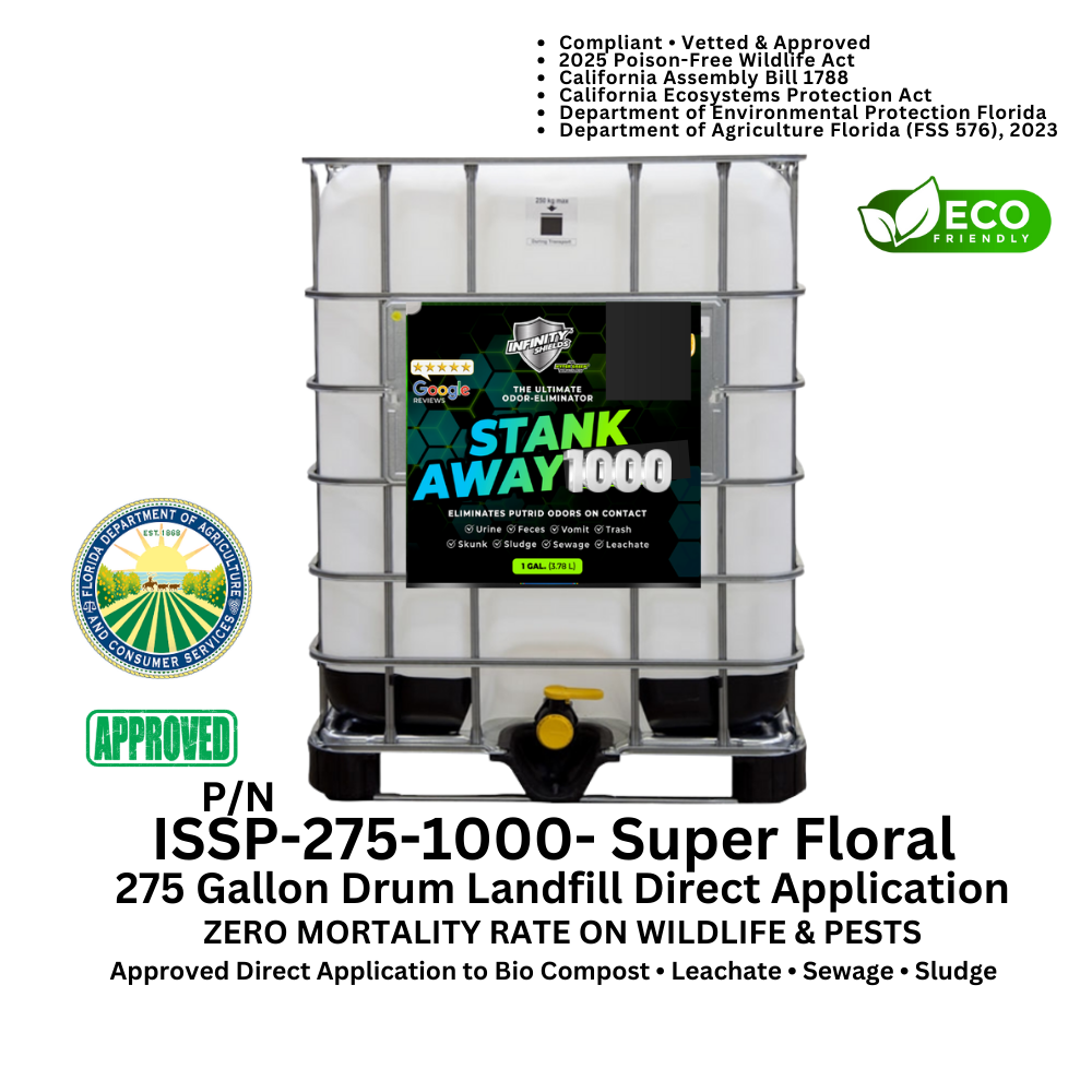 WM Odor Eliminator & Pest Deterrent  • Hyper Green •  STANK AWAY 1000 Direct application Concentrate 275 Gallon Concentrate Tote (Super Cherry) 1000 : 1 • DOA Approved FSS 576 • Bio-Compost • Sludge • Sewage • Leachate • Cover Foam)