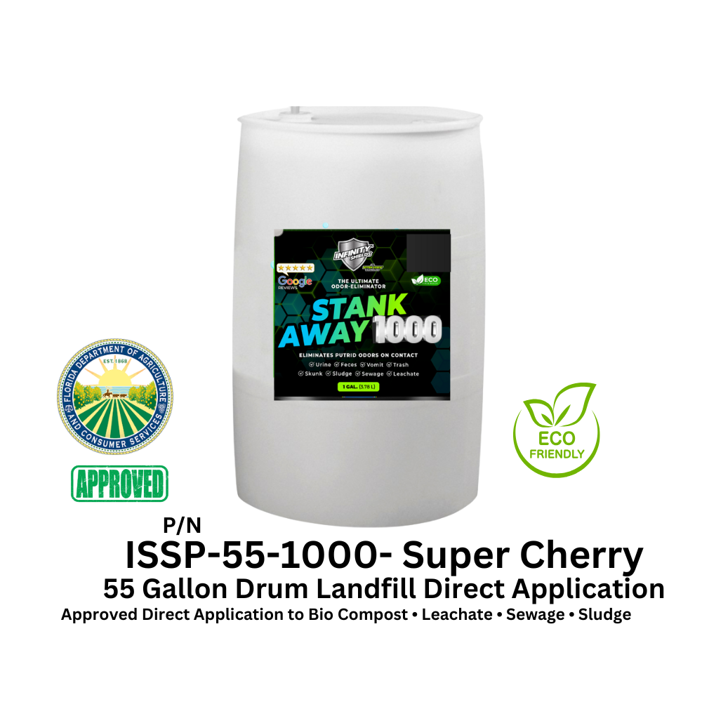 WM Odor Eliminator & Pest Deterrent  • Hyper Green •  STANK AWAY 1000 Direct application Concentrate 55 Gallon Drum (Super Cherry) 1000 : 1 • DOA Approved FSS 576 • Bio-Compost • Sludge • Sewage • Leachate • Cover Foam