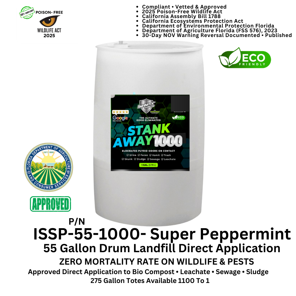 WM Odor Eliminator & Pest Deterrent  • Hyper Green •  STANK AWAY 1000 Direct application Concentrate 55 Gallon Drum (Super Cherry) 1000 : 1 • DOA Approved FSS 576 • Bio-Compost • Sludge • Sewage • Leachate • Cover Foam