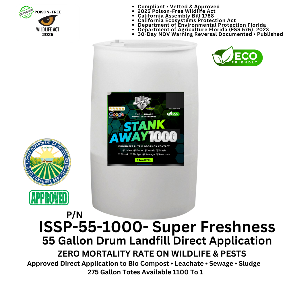 WM Odor Eliminator & Pest Deterrent  • Hyper Green •  STANK AWAY 1000 Direct application Concentrate 55 Gallon Drum (Super Cherry) 1000 : 1 • DOA Approved FSS 576 • Bio-Compost • Sludge • Sewage • Leachate • Cover Foam