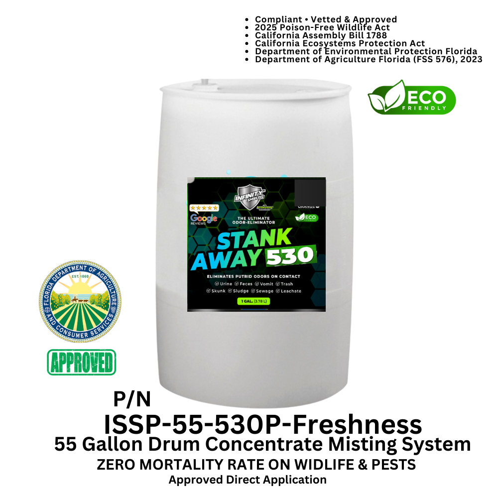 Odor Eliminator & Pest Deterrent  • Hyper Green •  STANK AWAY 530 Inside MRF Misting Concentrate 55 Gallon Drum (Freshness) 750 to 1