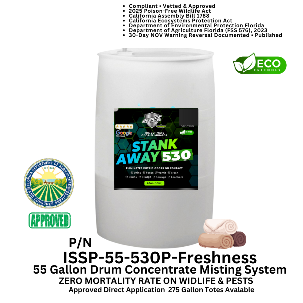 Odor Eliminator & Pest Deterrent  • Hyper Green •  STANK AWAY 530 Inside MRF Misting Concentrate 55 Gallon Drum (Freshness) 750 to 1
