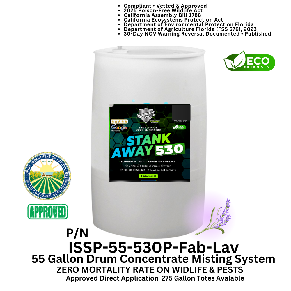 Odor Eliminator & Pest Deterrent  • Hyper Green •  STANK AWAY 530 Inside MRF Misting Concentrate 55 Gallon Drum (Freshness) 750 to 1