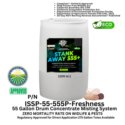WM Odor Eliminator & Pest Deterrent  • Hyper Green •  STANK AWAY 555 Inside MRF Misting Concentrate 55 Gallon Drum (Freshness) 1000 to 1