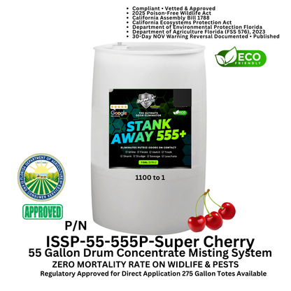WM Odor Eliminator & Pest Deterrent  • Hyper Green •  STANK AWAY 555 Inside MRF Misting Concentrate 55 Gallon Drum (Freshness) 1000 to 1