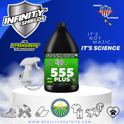 Los escudos infinitos apestaban | Eliminador de olores 555Plus Hyper Green® | Pulverizador remoto de jarra de 128 oz | Floral
