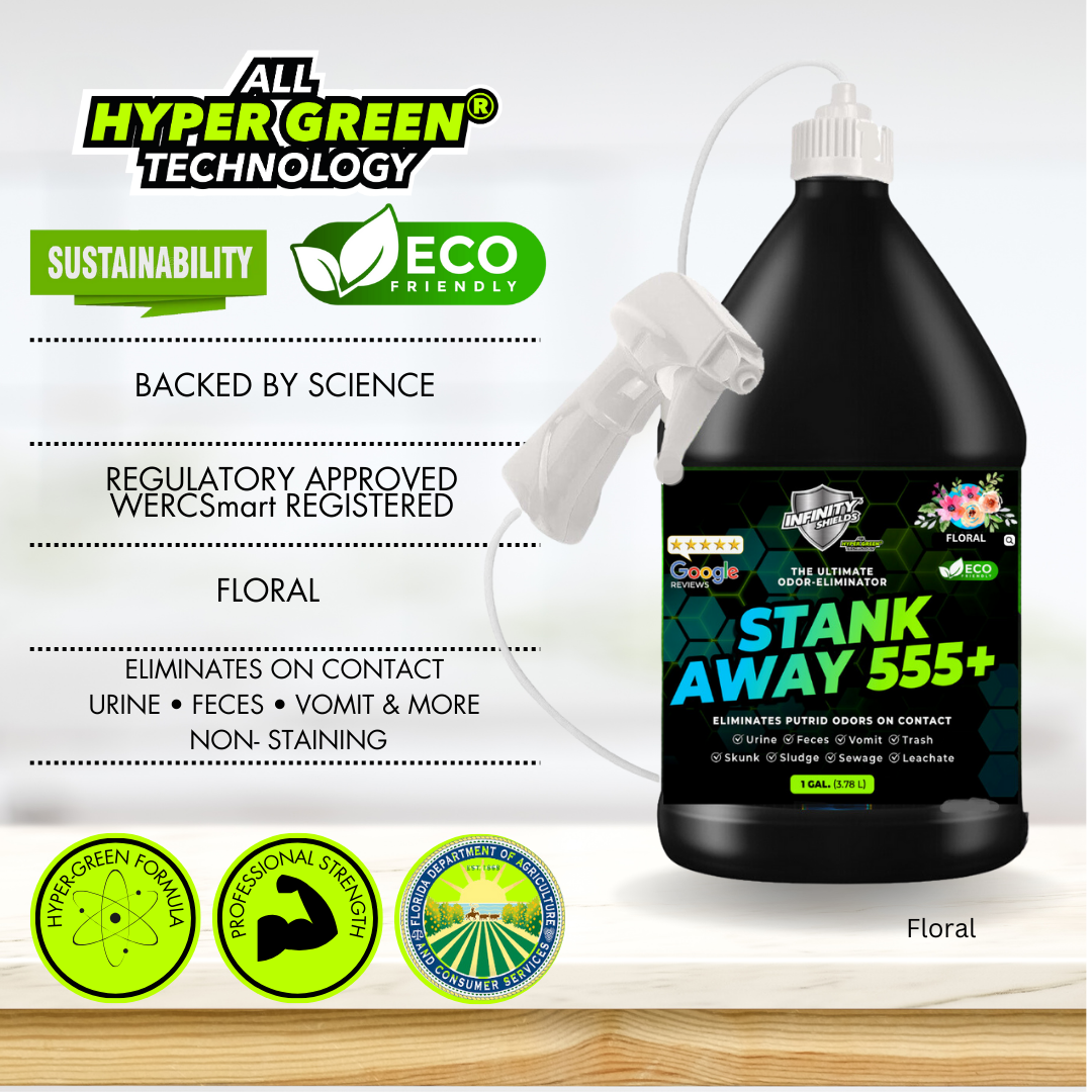 Infinity Shields Stank Away | 555 Plus Hyper Green® Odor Eliminator | 128 oz Jug Remote Sprayer