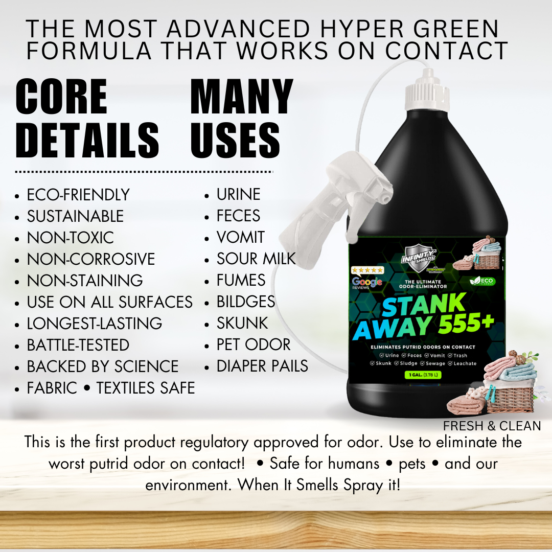 Infinity Shields Stank Away | 555 Plus Hyper Green® Odor Eliminator | 128 oz Jug Remote Sprayer