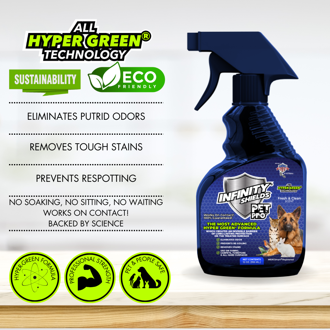 Escudos infinitos Pet Pro™ | Eliminador de olores y manchas | Previene la reaparición de suciedad | Aerosol de 12 onzas | Fresco y limpio
