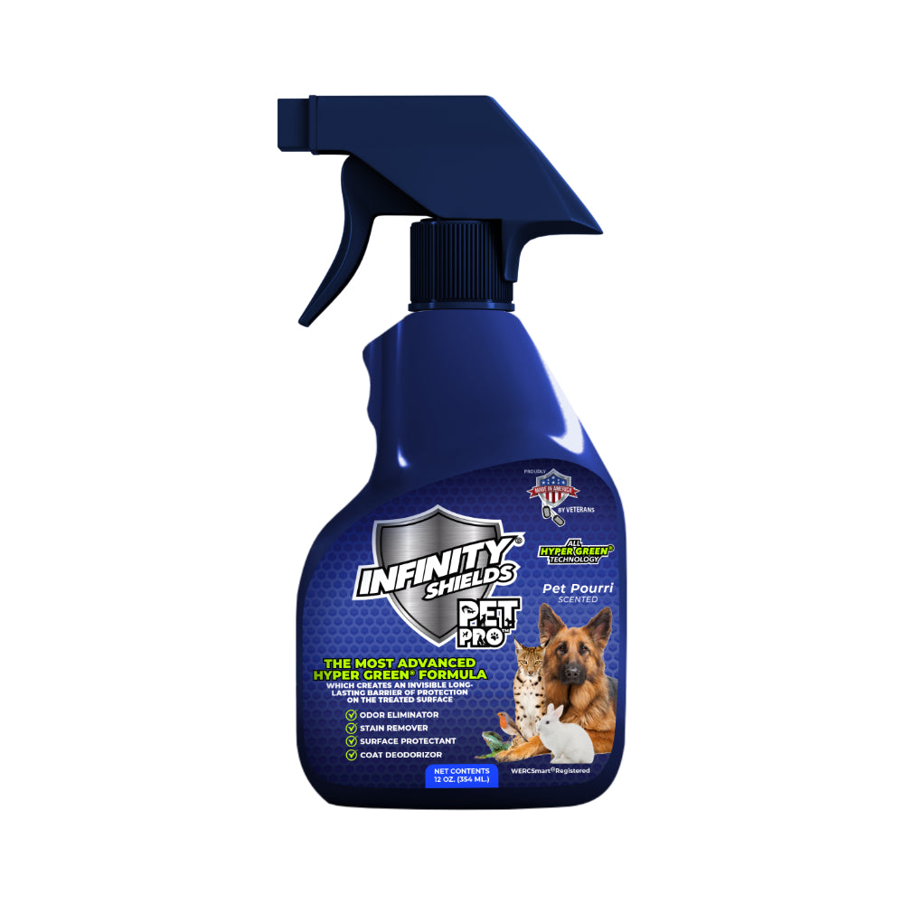 Escudos infinitos Pet Pro™ | Eliminador de olores y manchas | Previene la reaparición de suciedad | Aerosol de 12 onzas | Fresco y limpio