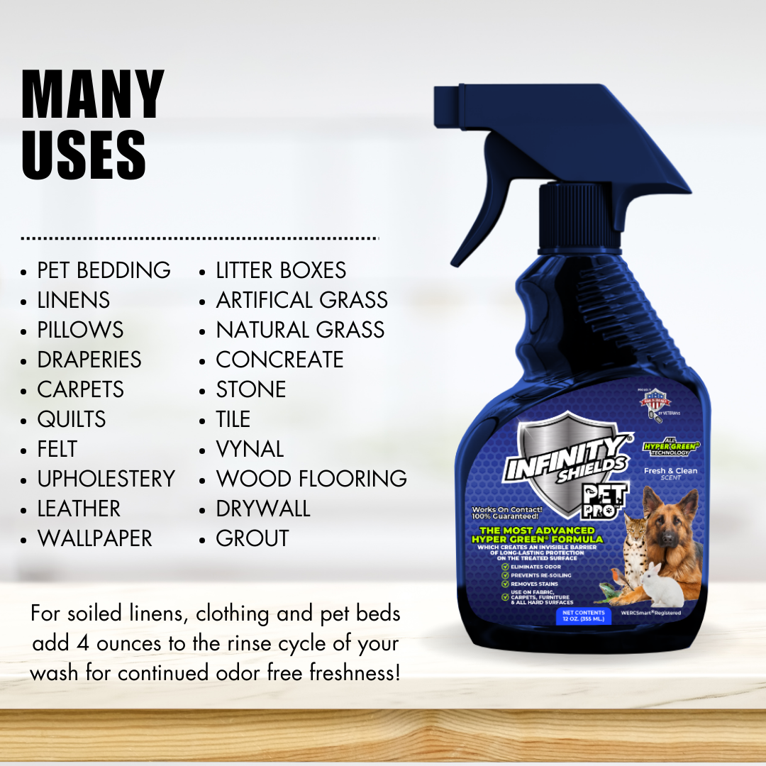 Escudos infinitos Pet Pro™ | Eliminador de olores y manchas | Previene la reaparición de suciedad | Aerosol de 12 onzas | Fresco y limpio