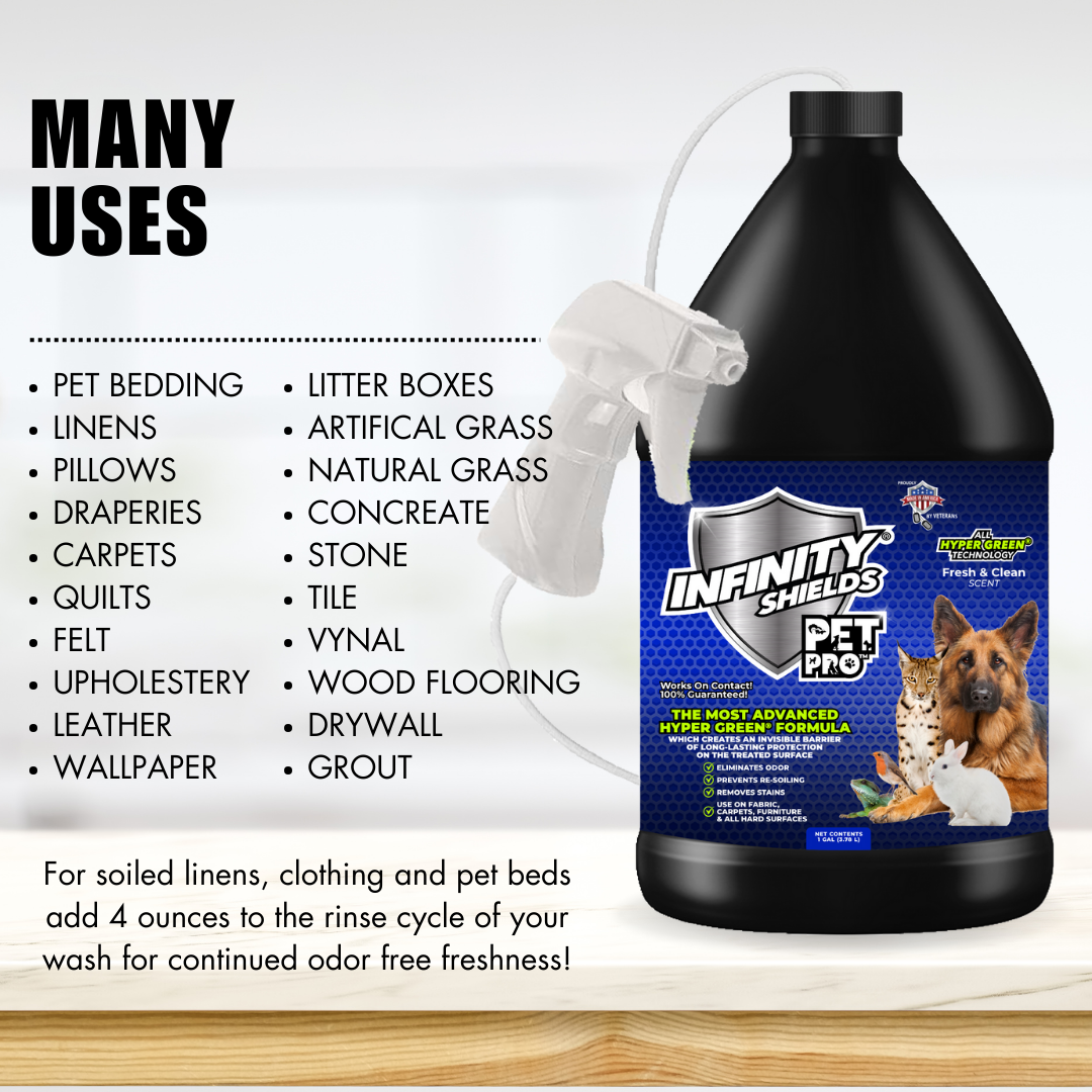 Infinity Shields® Pet Pro™ | Détachant et anti-odeurs d'animaux | Empêche la re-salissure | Pichet de 1 gallon | Frais et propre)
