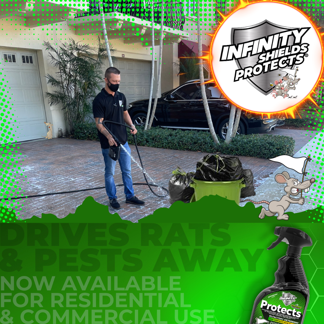 Infinity Shields protege™ | Spray disuasivo de roedores | Hiperverde | Concentrado de larga duración de 65 oz | Enjuague de manguera | Menta | Caso de 6