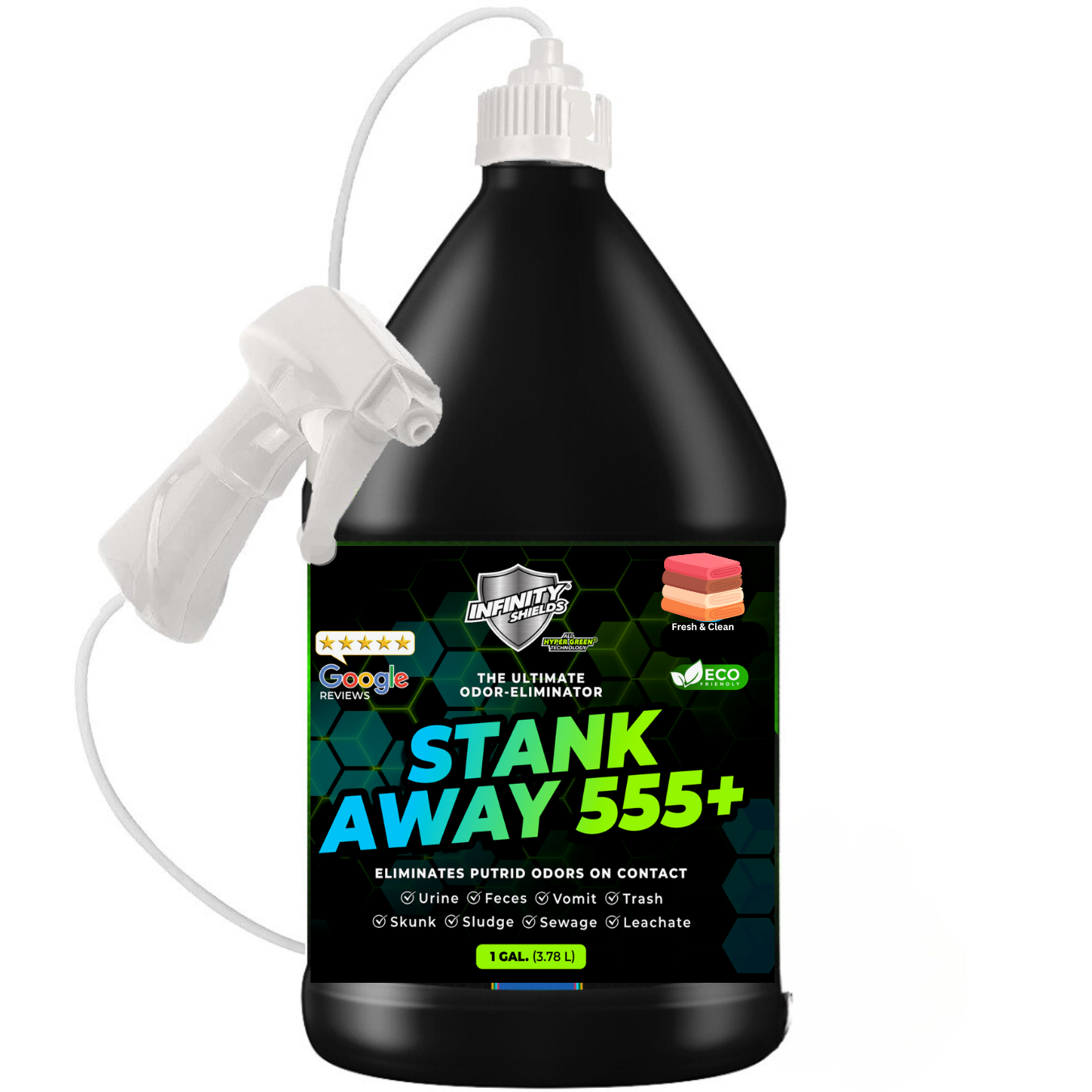 Infinity Shields Stank Away | 555 Plus Hyper Green® Odor Eliminator | 128 oz Jug Remote Sprayer